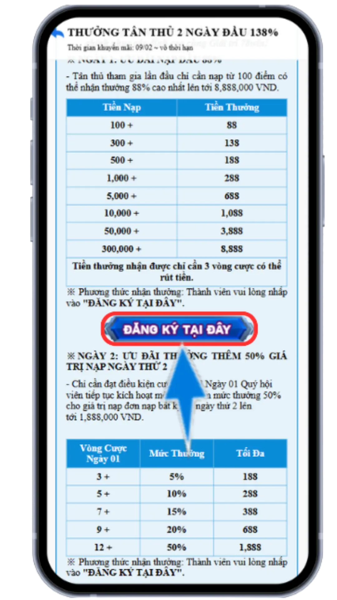 Bước 3 : Tại mục khuyến mãi khi đủ điều kiện nhận NGÀY 1 - Bấm ĐĂNG KÝ TẠI ĐÂY phía trên => Khi đủ điều kiện NGÀY 2 - Bấm đăng ký tại mục dưới